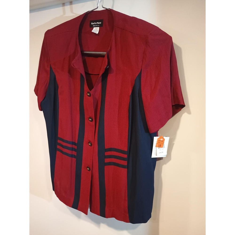 Kari's Place Blouse Womens 18W Burgundy Navy NWT Vintage Colorblock 9041